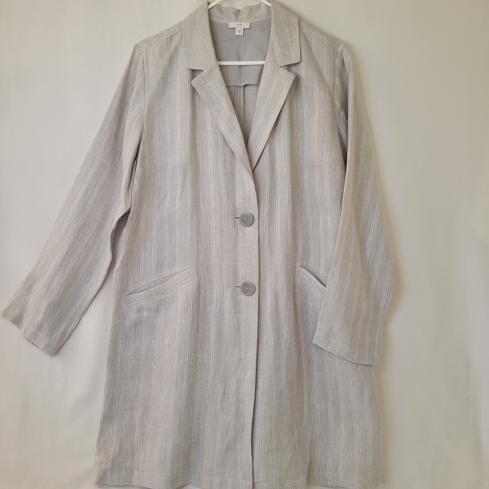 J. Jill Size M Linen Lavender Gray White Embroidered Light Jacket Overcoat